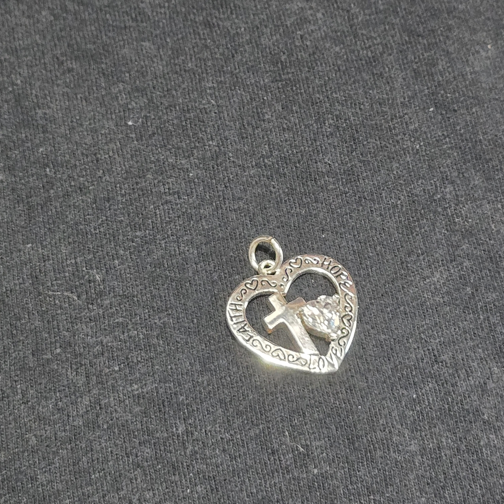 Silver Heart Pendant with Cross and Crystal Accent - Picture 4 of 8